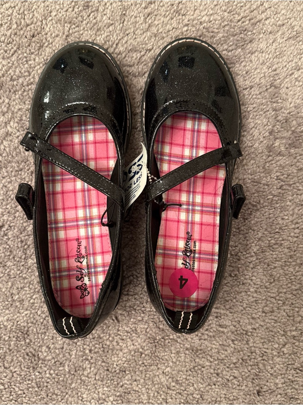 Self Esteem Black Patent Mary Jane Shoes with Pink Plaid Insole